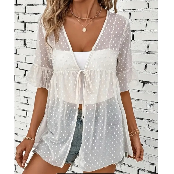 unbranded Other - Sheer Mesh Polka Dot Tie Front Ruffle Flare Sleeve Kimono White Sz 3X Plus NWOT